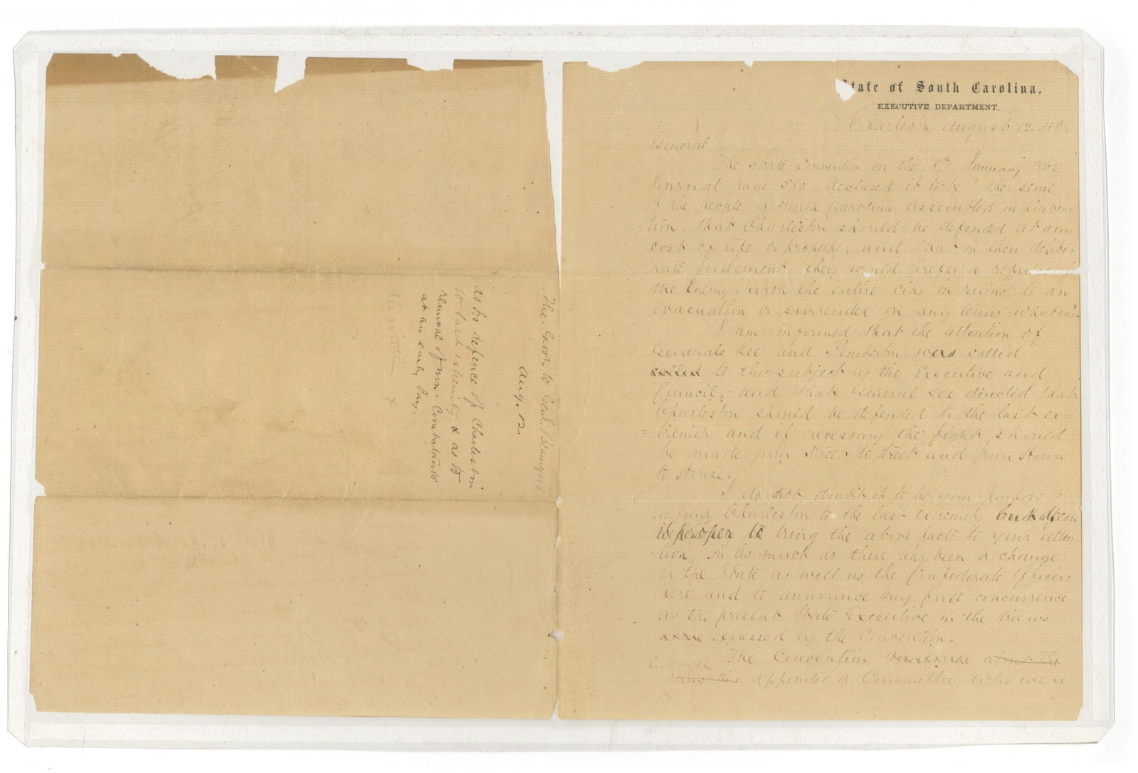 Milledge L. Bonham – Confederate Governor of South Carolina – Autograph Letter – C: Details: Milledge L. Bonham autograph letter signed, four pages on a folded bifolium, written on State of South Carolina, Executive Department letterhead and dated Charleston, August 12, 1863. Address