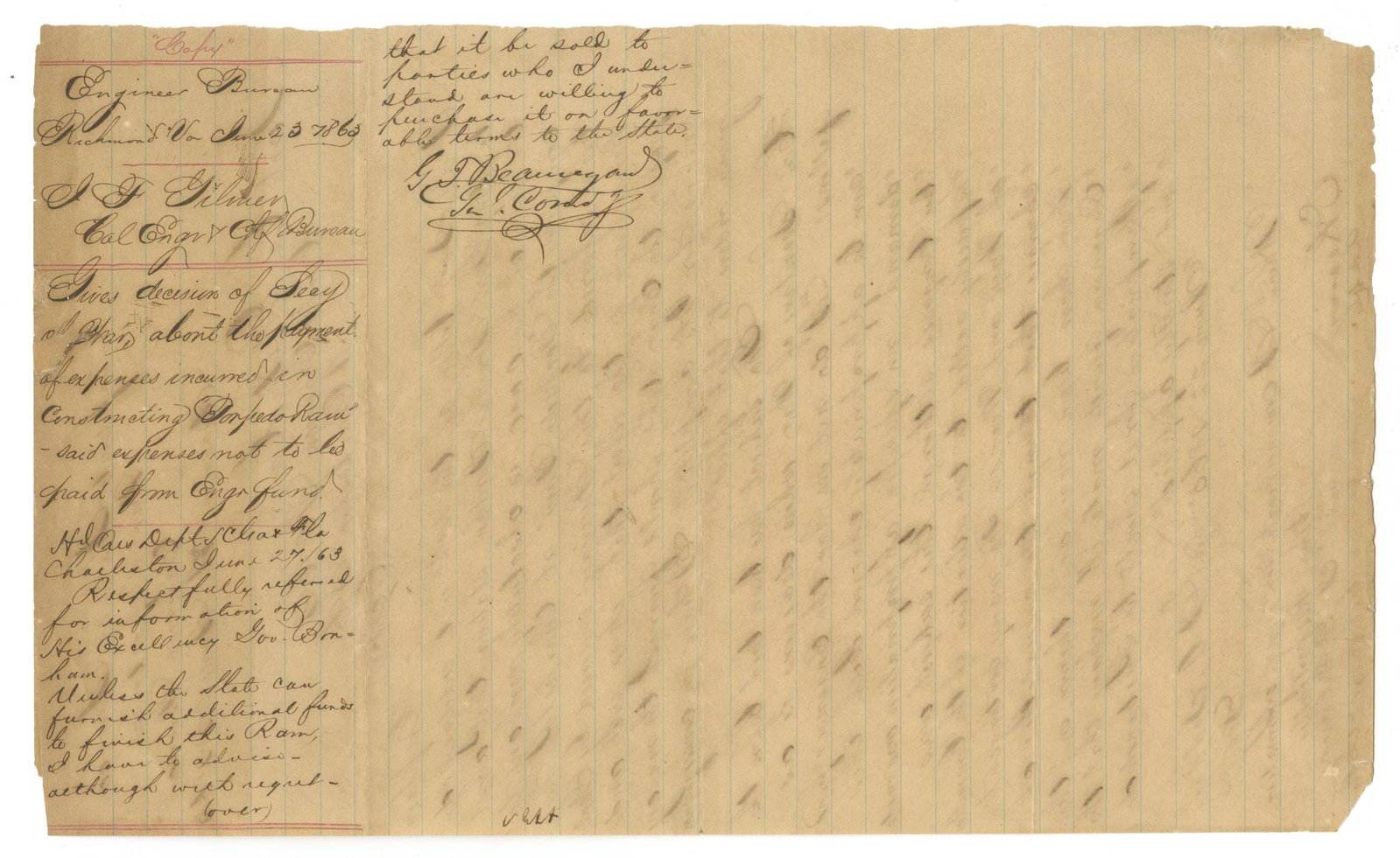 P. G. T. Beauregard - Endorsed Confederate Torpedo Ram Funding Document - June 25, 1863 - 2