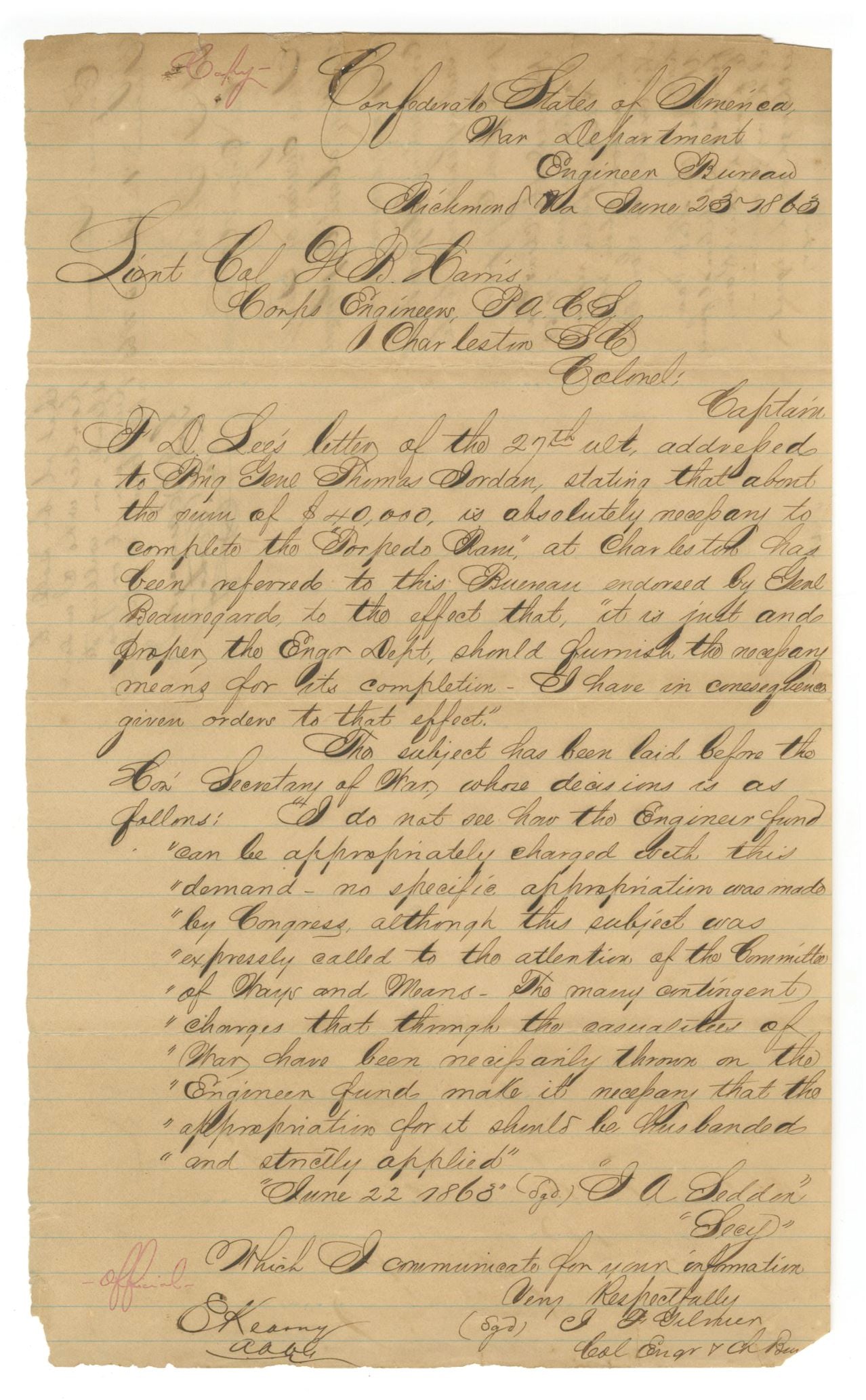 P. G. T. Beauregard - Endorsed Confederate Torpedo Ram Funding Document - June 25, 1863 - 3