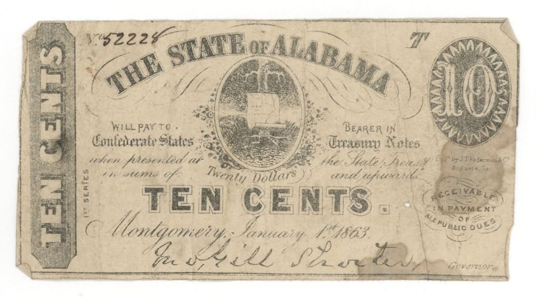 Alabama Confederate Fractional Currency Note - 10 Cents, January 1, 1863 (1 of 2)