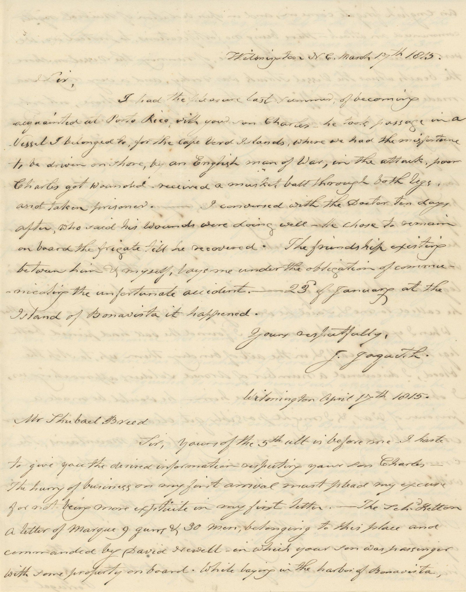 Jeremiah Jaquith - Schooner Kelton - Autograph Letters (2) - Letter of Marque Incident - War of 1812 - 2