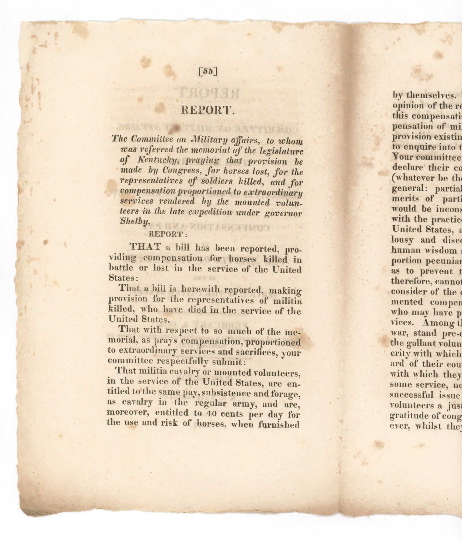 War of 1812 - Kentucky Militia - Congressional Report on Compensation and Pay - 2