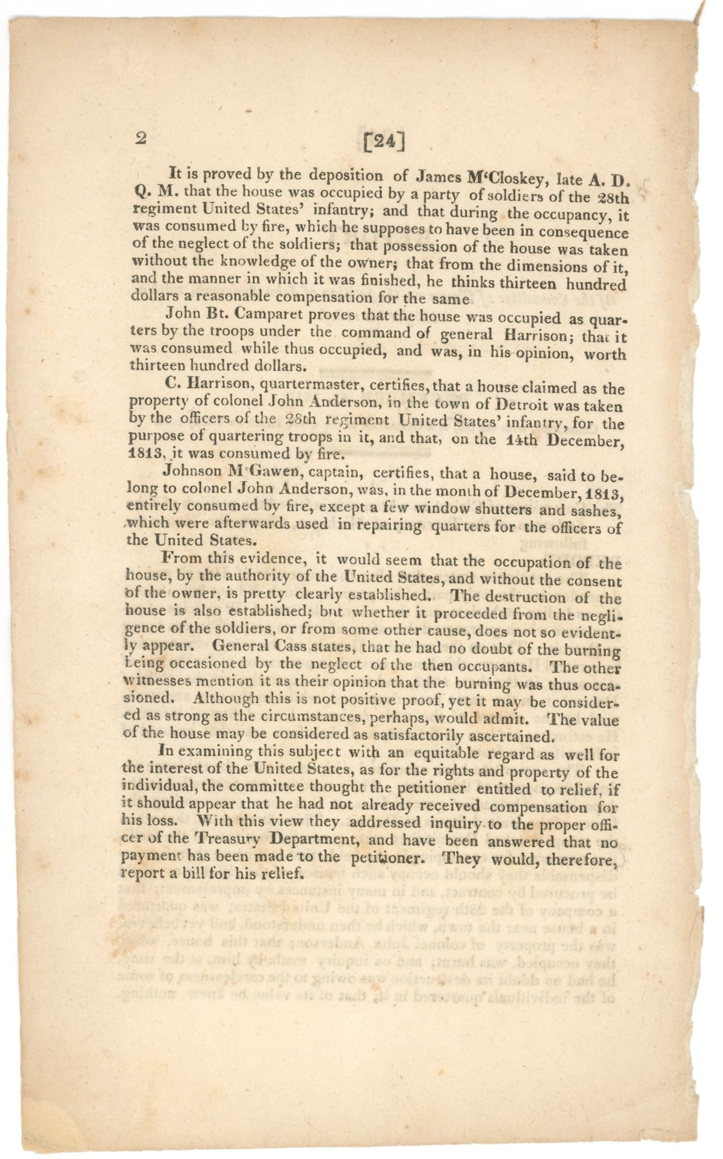 John Anderson - War of 1812 - Congressional Claims Report - Detroit House Fire - December 31, 1817 - 2