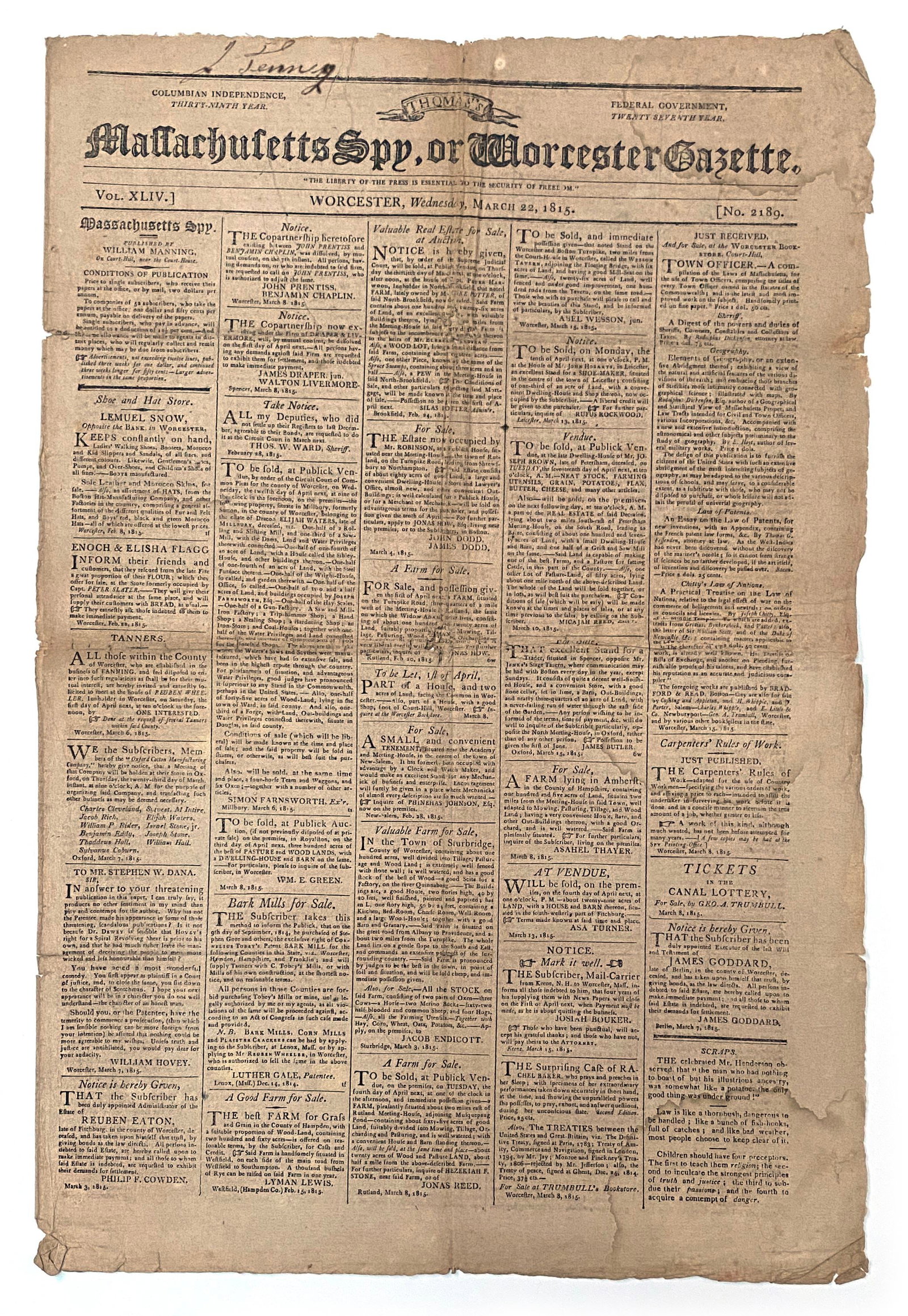 Massachusetts Spy, or Worcester Gazette - War of 1812 Peace Treaty - March 22, 1815: Details: Massachusetts Spy, or Worcester Gazette (Worcester, Massachusetts), March 22, 1815. Early American newspaper published shortly after the conclusion of the War of 1812, featuring extensive