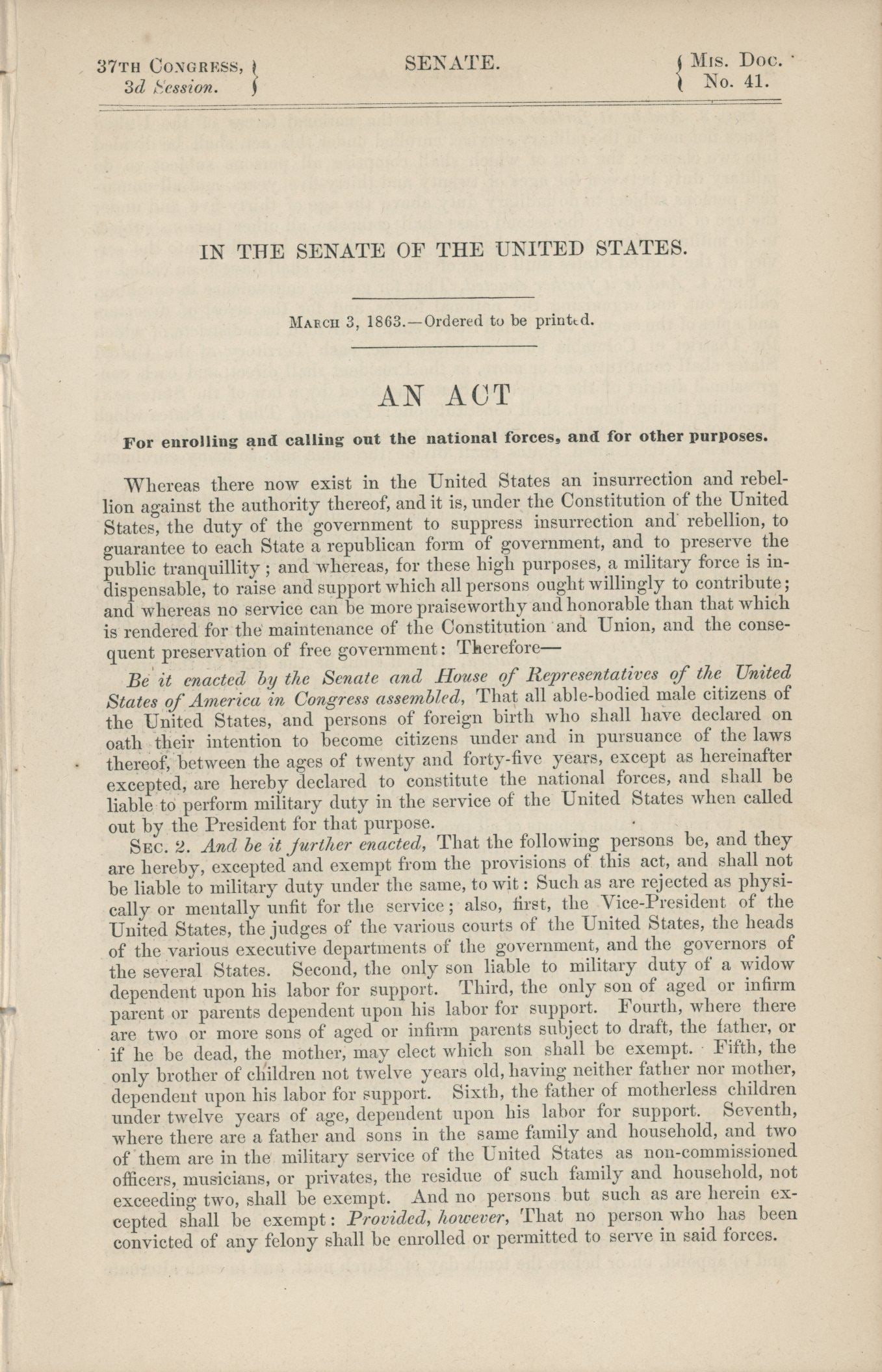 Abraham Lincoln - Civil War Conscription Act - Signed in Type Congressional Printing - 1863 - 2