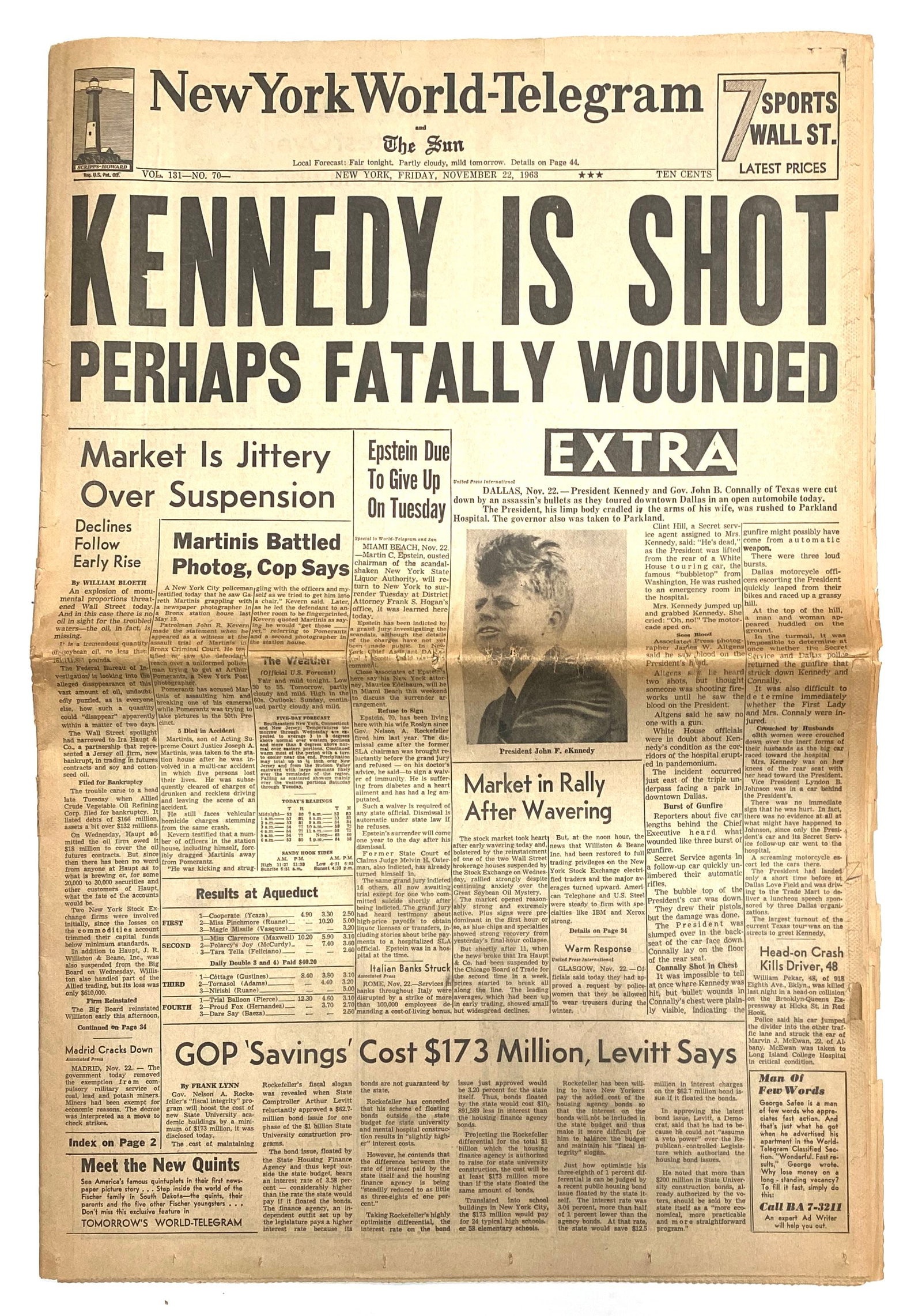 JFK Assassination - “KENNEDY IS SHOT” - New York World-Telegram - November 22, 1963: Details: New York World-Telegram and The Sun (New York, New York), November 22, 1963. Extra edition featuring the dramatic front-page headline “KENNEDY IS SHOT” with the subheadline