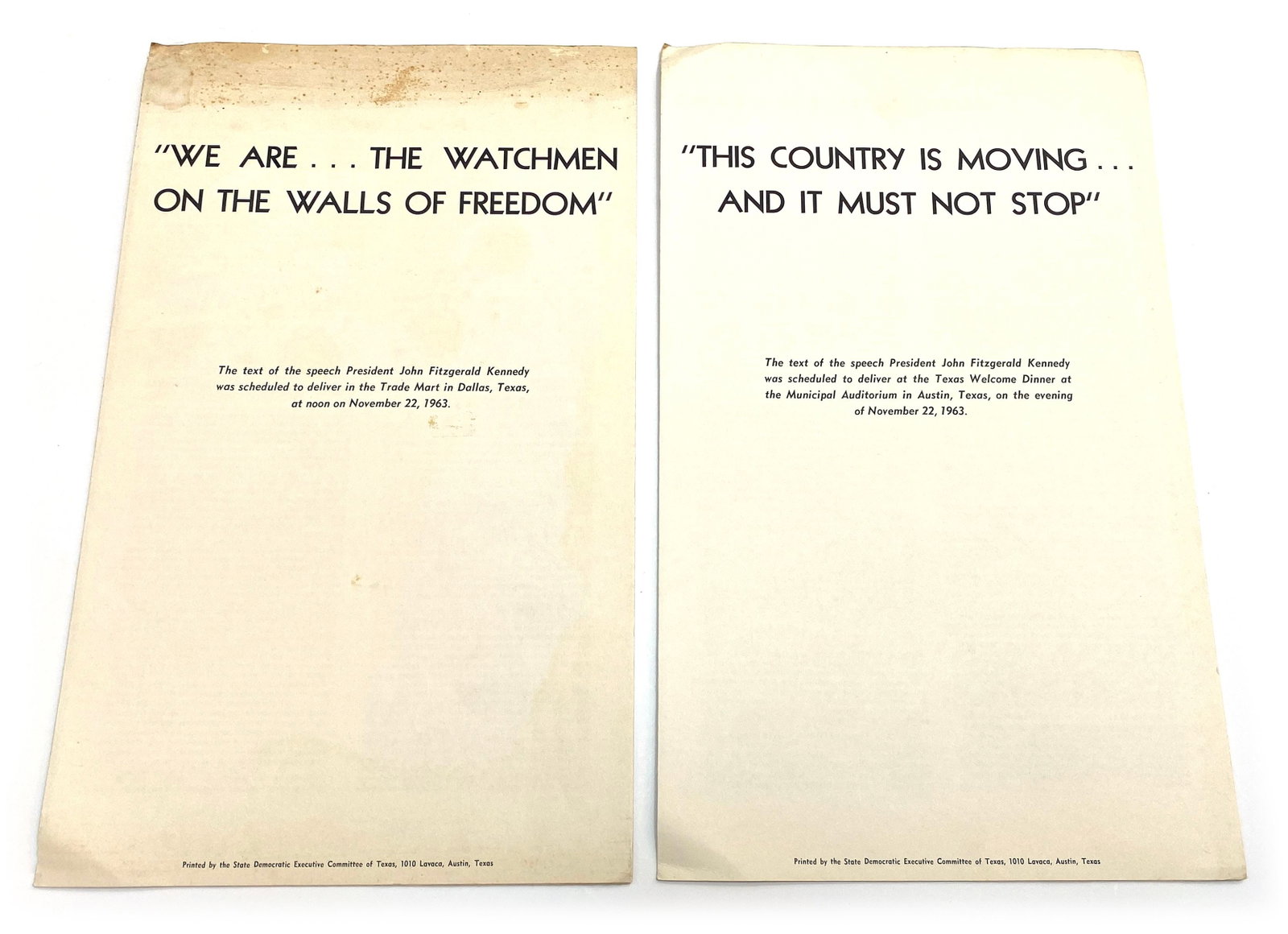 John F. Kennedy - Texas Welcome Dinner Program & Unused Trade Mart Speech Texts - November 22, 1963 - 2