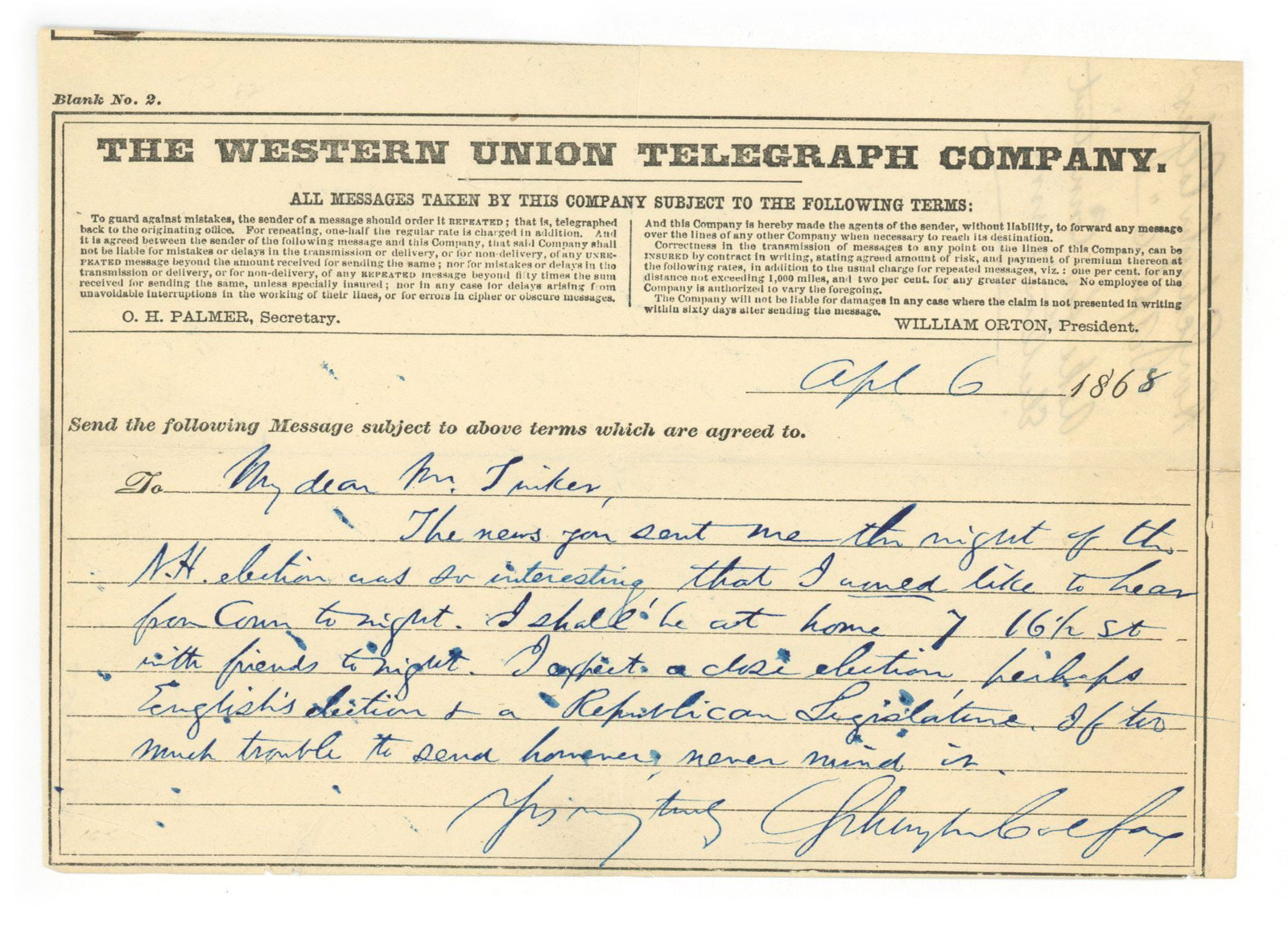 Schuyler Colfax - 17th Vice President of the United States - Autographed Telegram Letter (ALS) (1 of 2)