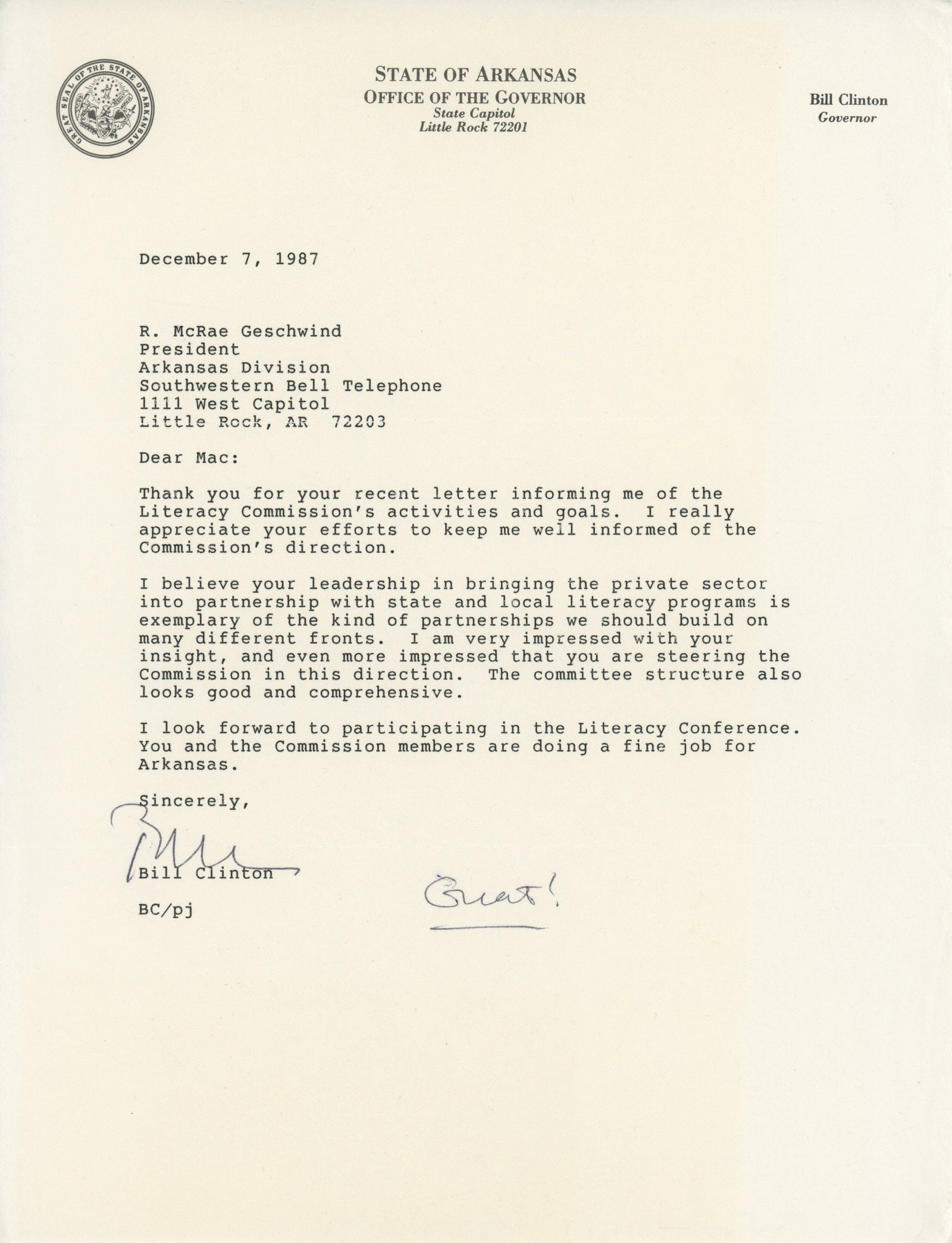 Bill Clinton - 42nd President of the United States - Autographed Letter as Governor of Arkansas (1 of 1)