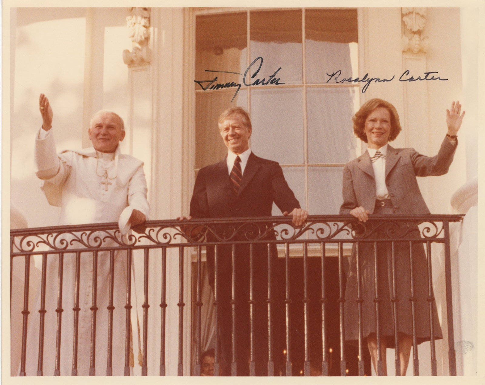 Jimmy Carter & Rosalynn Carter – Dual-Autographed White House Photograph – Pope John Pau: Details: Jimmy Carter and Rosalynn Carter autographed 10 x 8” official White House color photograph depicting the President and First Lady standing on the Truman Balcony alongside Pope John