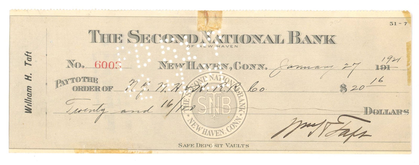 William Taft - 27th President of the United States - Autographed 1921 Canceled Check: Details: William Taft autographed canceled check dated January 27 , 1921. A partly-printed check completed in another hand drawn on The Second National Bank of New Haven. The check is #6003 and