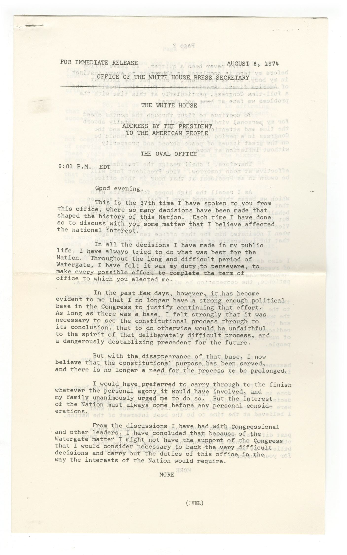 Richard Nixon - White House Press Release of Resignation Address - August 8, 1974: Details: Original five-page White House press release issued by the Office of the White House Press Secretary on August 8, 1974, containing President Richard Nixon’s televised Address to the