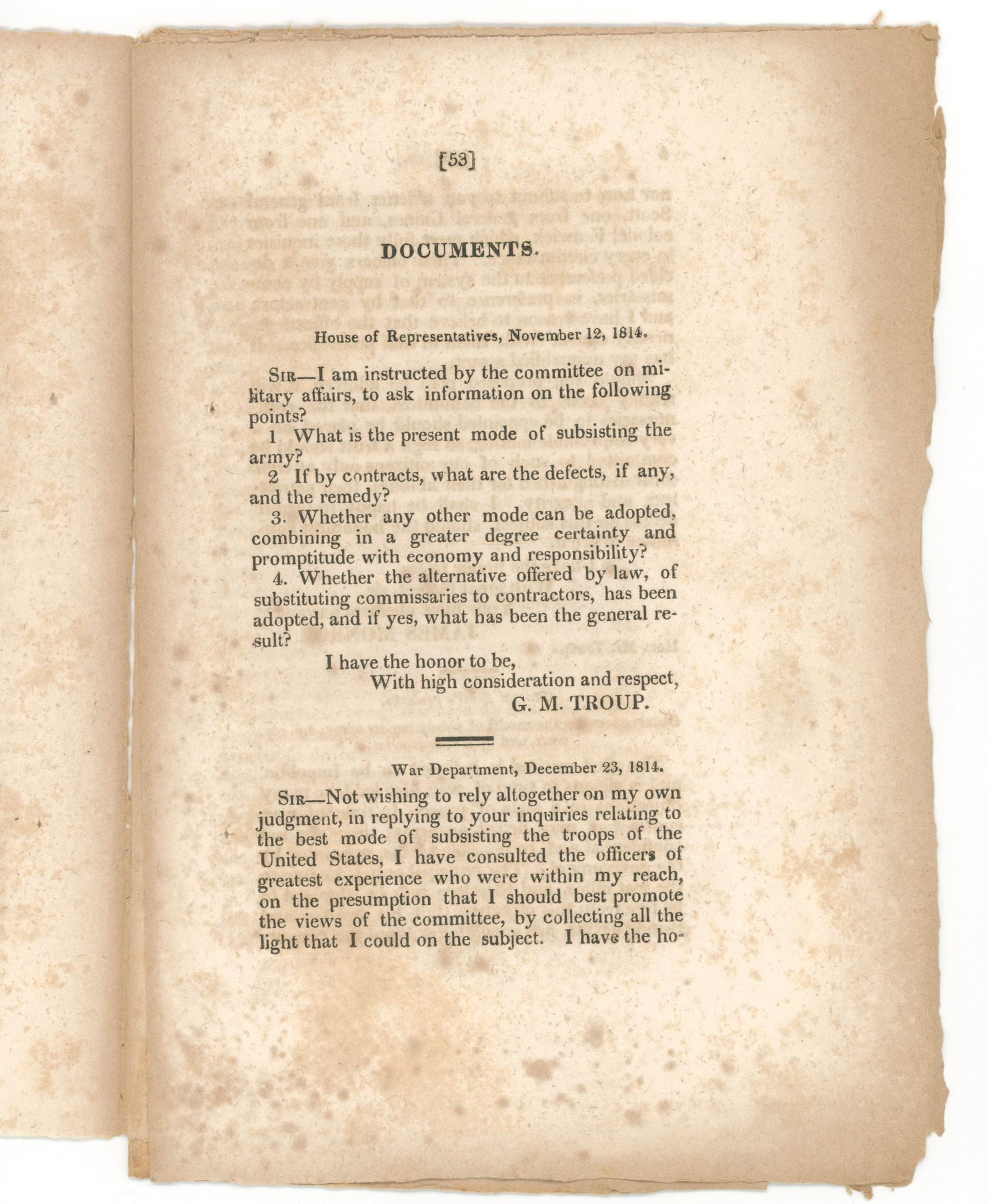 James Monroe - War of 1812 - Congressional Printing - Army Subsistence Report - 2