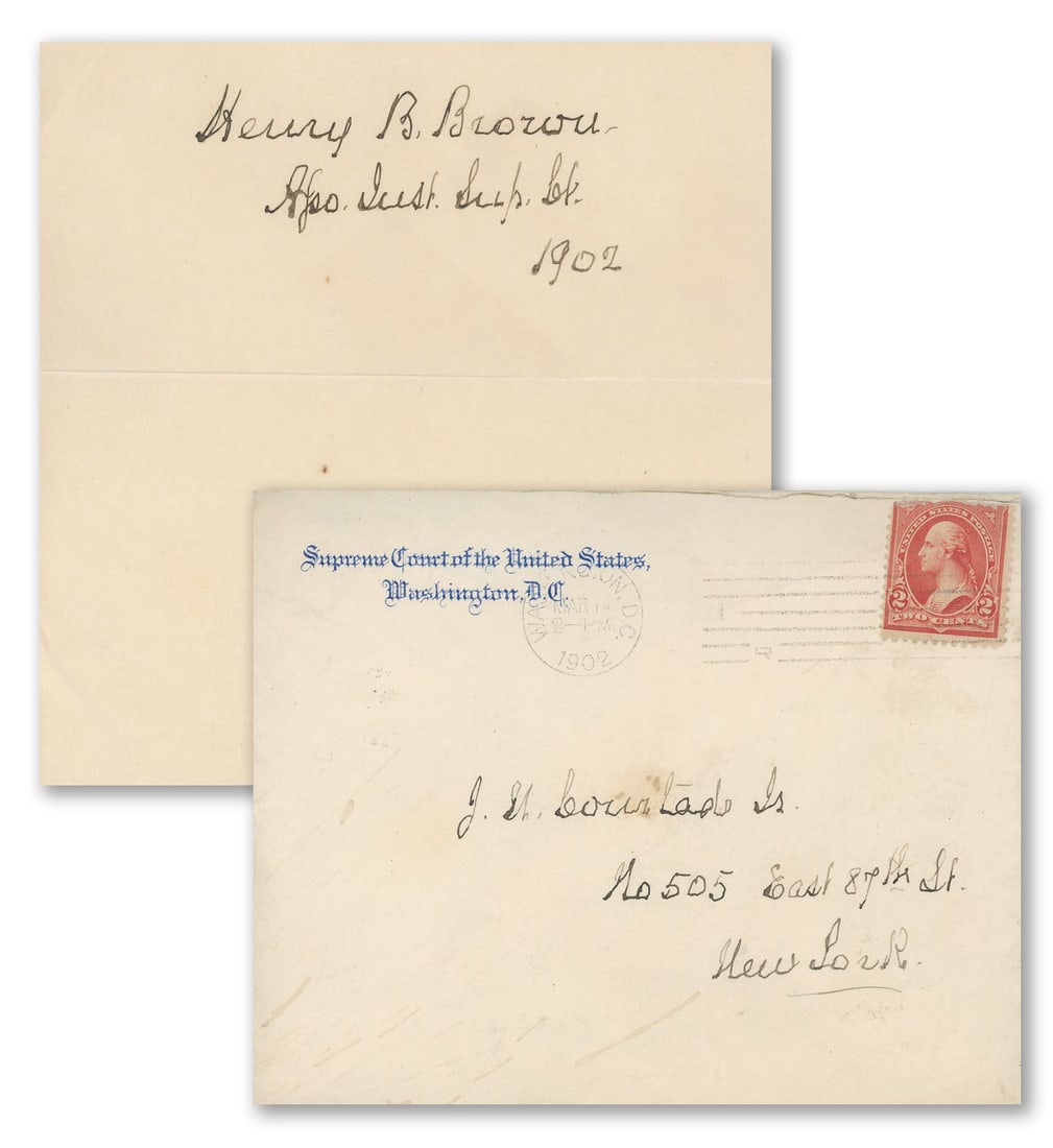 Henry B. Brown - U.S. Supreme Court Justice - Autographed 1902 Stationery Slip & Envelope: Details: Henry B. Brown autographed 5 x 5" stationery slip, dated 1902, accompanied by a handwritten Supreme Court mailing envelope addressed in Brown's hand. Fine condition with expected age toning,