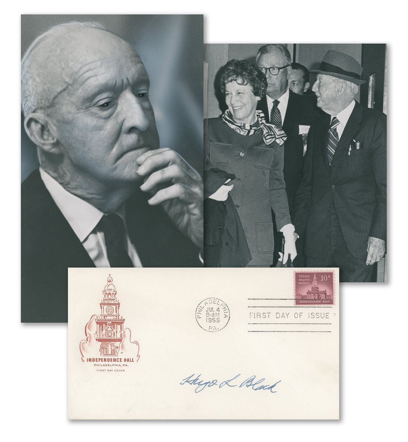 Hugo L. Black - U.S. Supreme Court Justice - Autographed First Day Cover with Two Press Photos: Details: Hugo L. Black autographed First Day Cover, signed in blue ink on an Independence Hall First Day Cover postmarked July 4, 1955. Accompanied by two vintage black-and-white press photographs dep