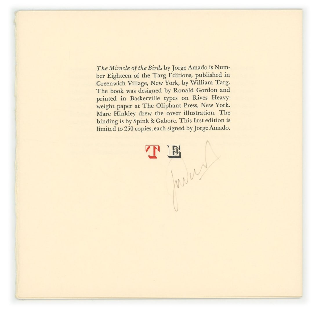 Jorge Amado - Brazilian Modernist Writer - Autographed "The Miracle of the Birds" Colophon Page (1 of 2)