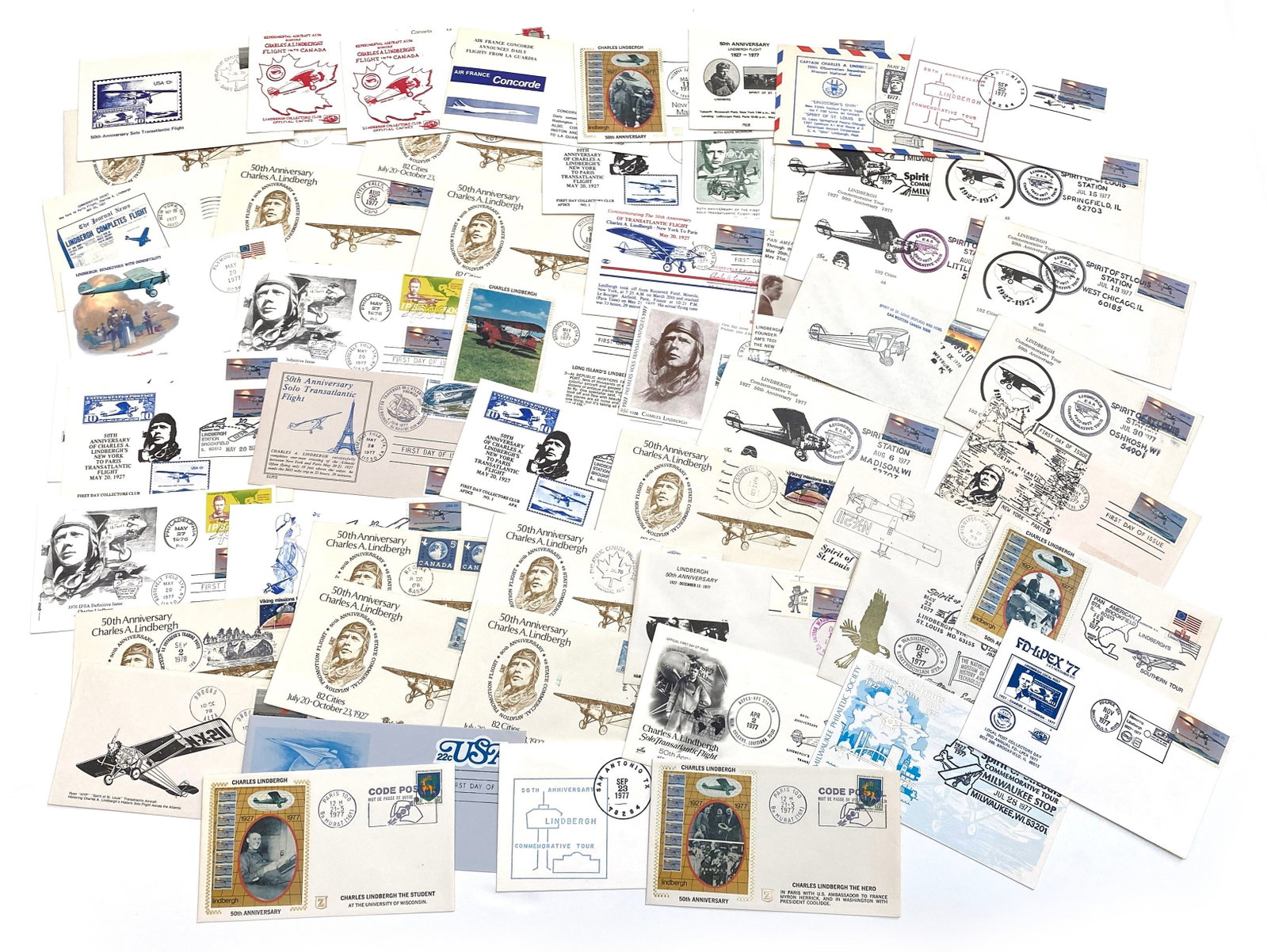 Charles A. Lindbergh – Collection of 50+ Commemorative First Day Covers and Cacheted Covers: Details: Charles A. Lindbergh is represented in this extensive collection of more than fifty commemorative covers, First Day Covers, cacheted envelopes, and philatelic souvenirs assembled primarily