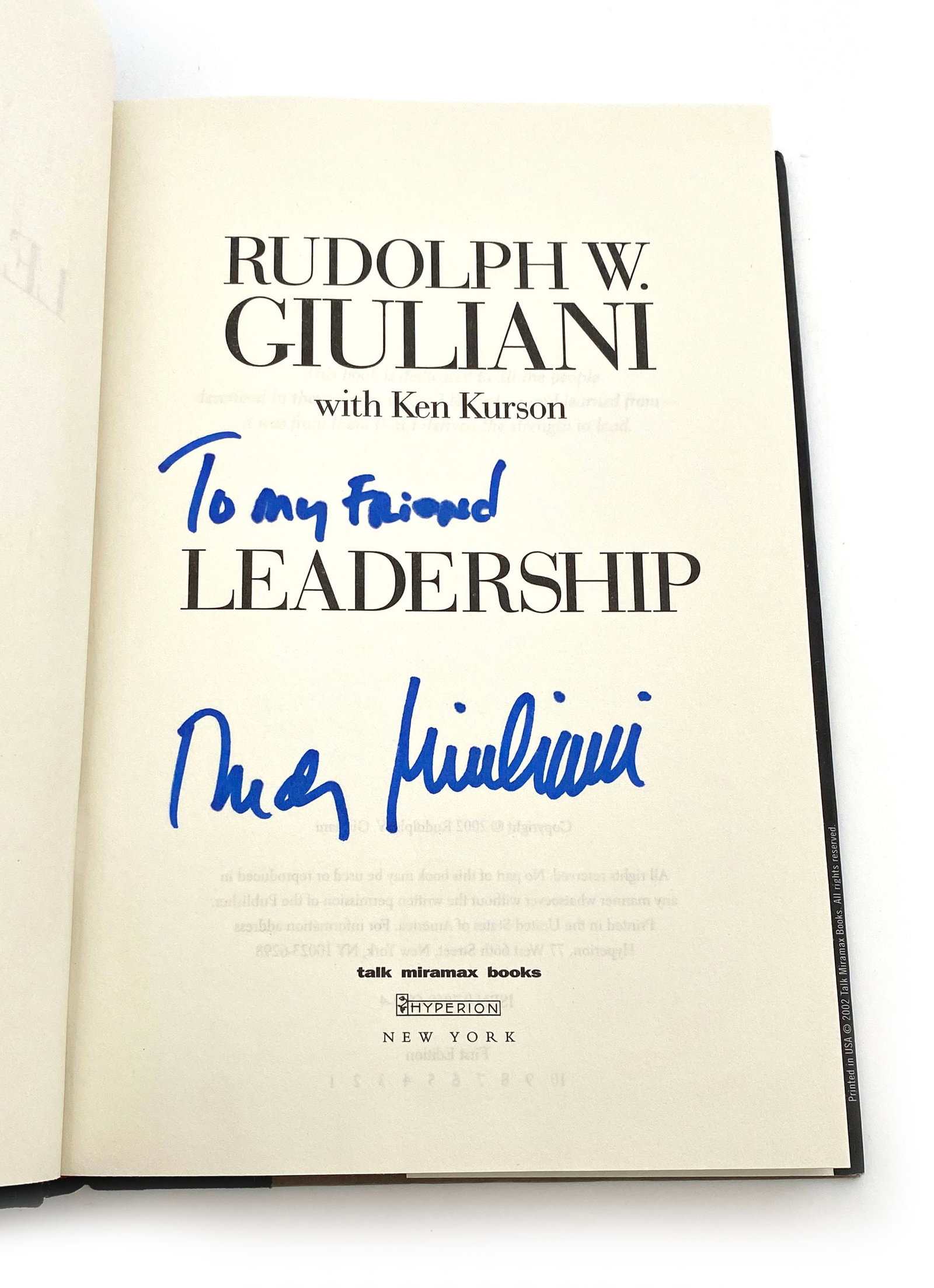 Rudy Giuliani - New York City Mayor - Autographed Leadership Presentation Copy - 2