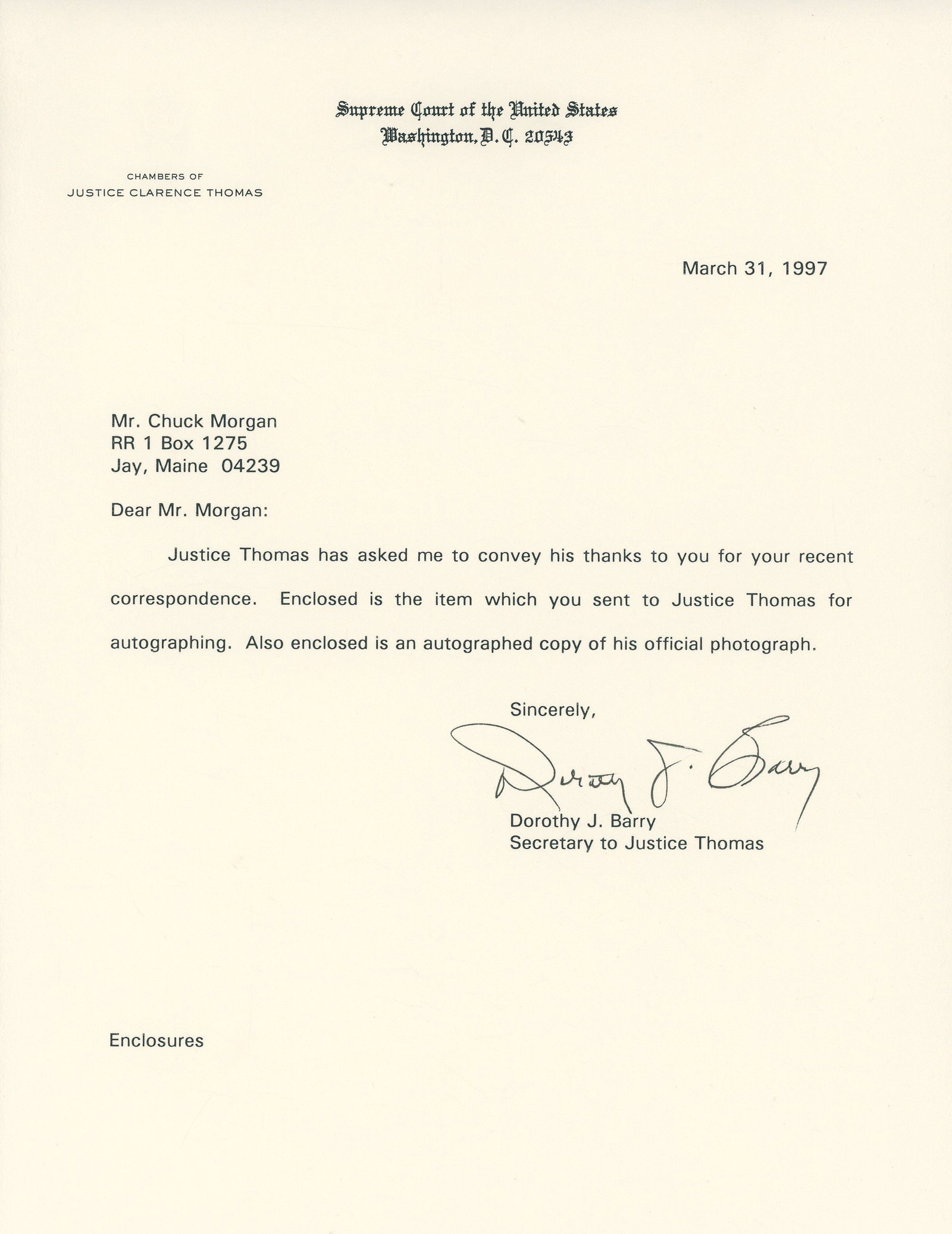 Clarence Thomas - U.S. Supreme Court Justice - Autographed SCOTUS Photograph & Letter - 2