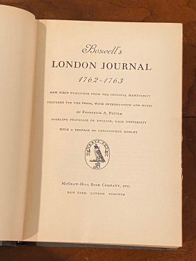 Boswell's London Journal 1762-1763 By Frederick A. Pottle First Edition
