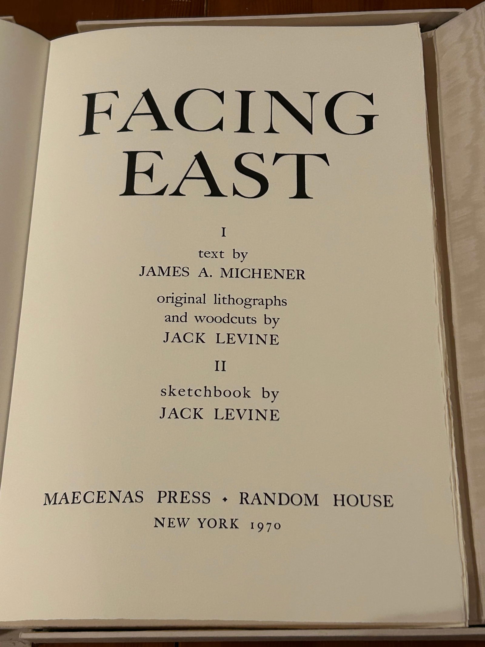 Facing East by Jack Levine & James A. Michener SIGNED Limited Number Edition: Facing East by Jack Levine & James A. Michener SIGNED Limited Number Edition SIGNED by Both Artist And Author Twice Each published by Maecenas, New York 1970. Porfolio Number 1562/2500. Large Portfoli