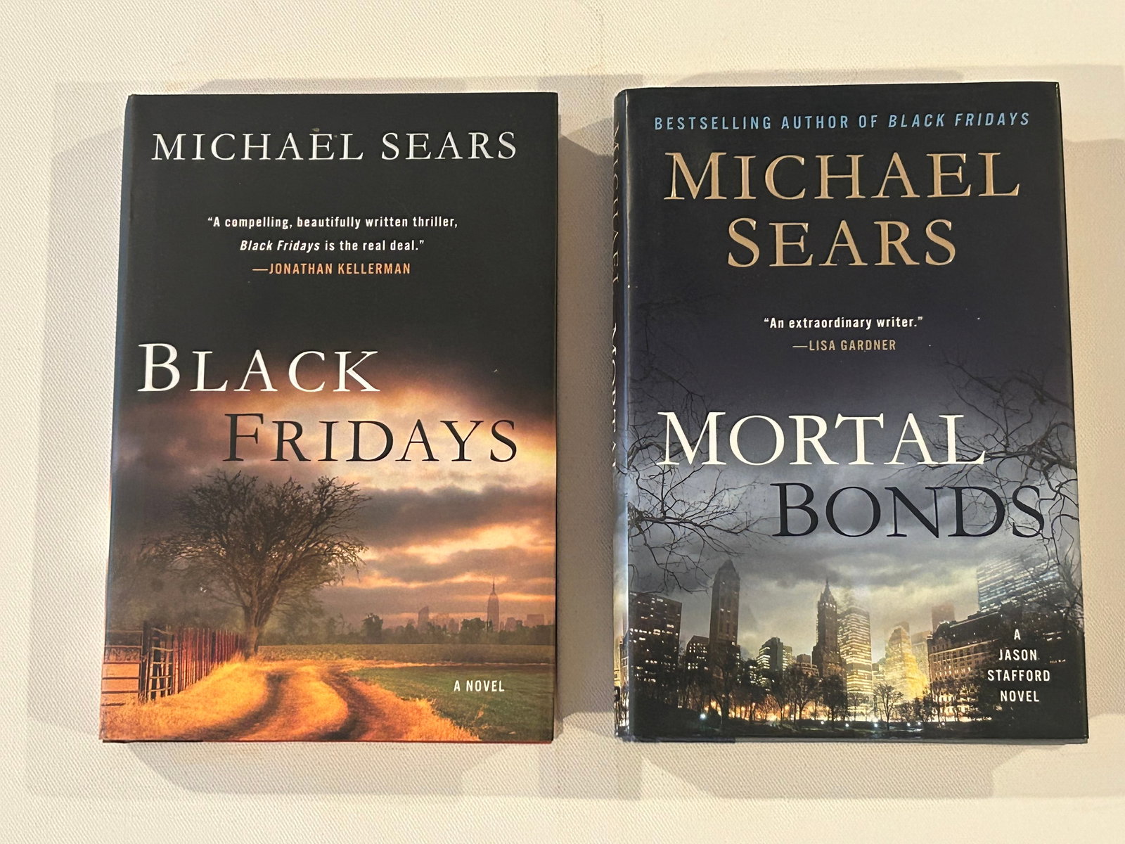 Michael Sears SIGNED & Inscribed First Editions: Black Fridays & Mortal Bonds SIGNED & inscribed First Editions published by G. P. Putnam's Sons, New York, 2012, 2013. Dimensions: 11" x 9" x 3"