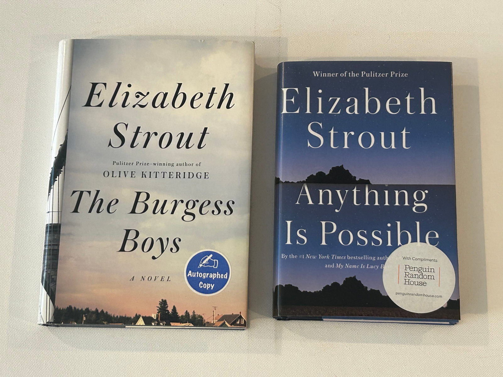 Elizabeth Strout SIGNED First Editions: The Burgess Boys & Anything Is Possible published by Random House, New York, 2013, 2017. Dimensions: 11" x 9" x 4"