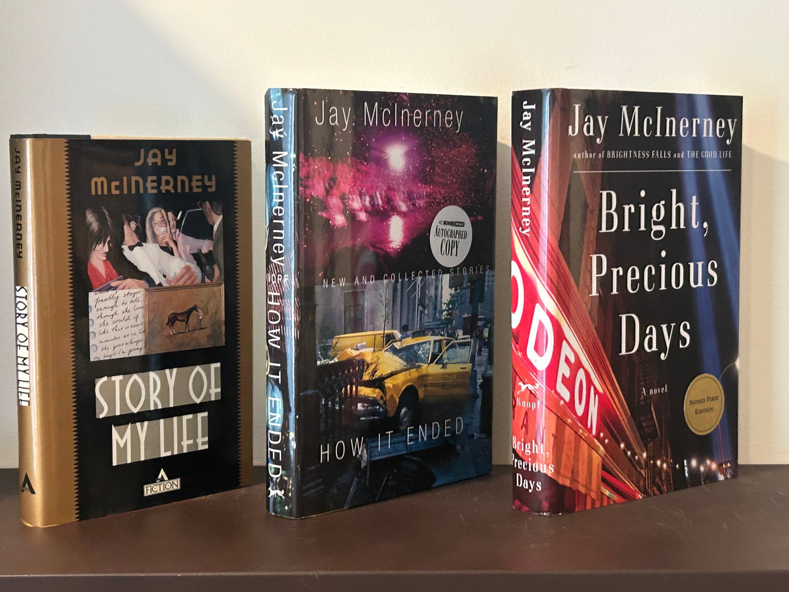 (NYC Fiction) Jay Mcinerney SIGNED Editions: Story Of My Life SIGNED & Inscribed First Edition published by Atlantic Monthly Press, New York, 1988. How It Ended SIGNED Second Printing published by Alfred A. Knopf, New York, 2009. Bright, Preciou