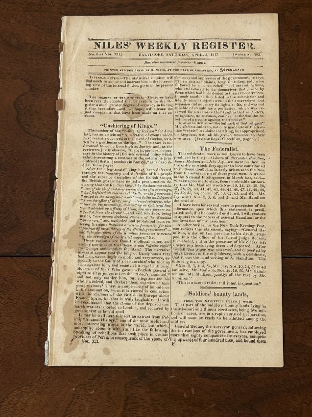 Niles' Weekly Register No.6 of Vol.XII Baltimore April 5, 1817 Claims Federalist Authorship: Niles' Weekly Register No.6 of Vol.XII Baltimore April 5, 1817 which Attributes Authorship of Specific Essays of The Federalist Papers. Madison Later Corrected this and prior assertions with the Publi