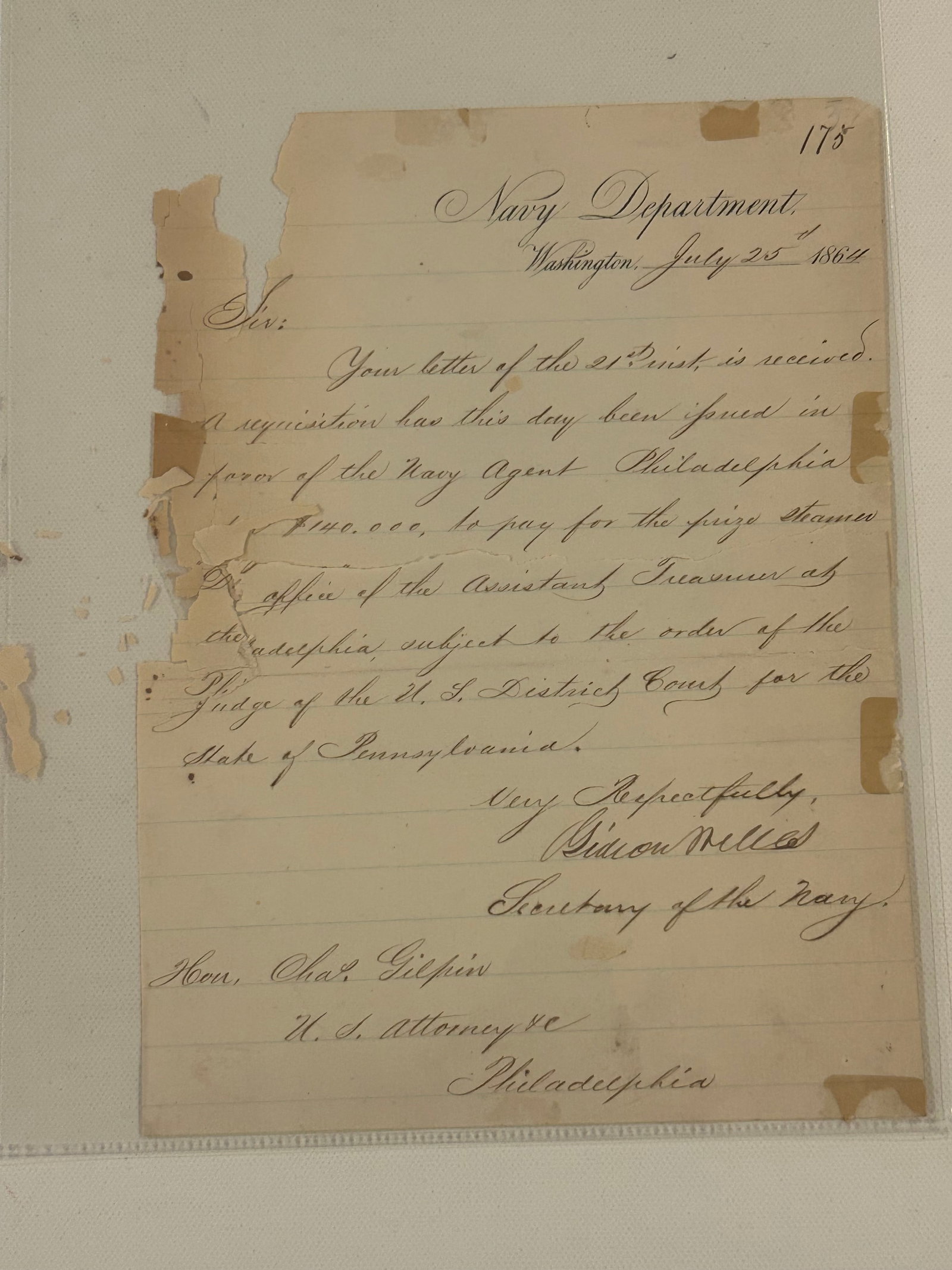 SIGNED Letter from Gideon Welles Secretary Of The Navy Under Lincoln to Charles Gilpin (1 of 5)