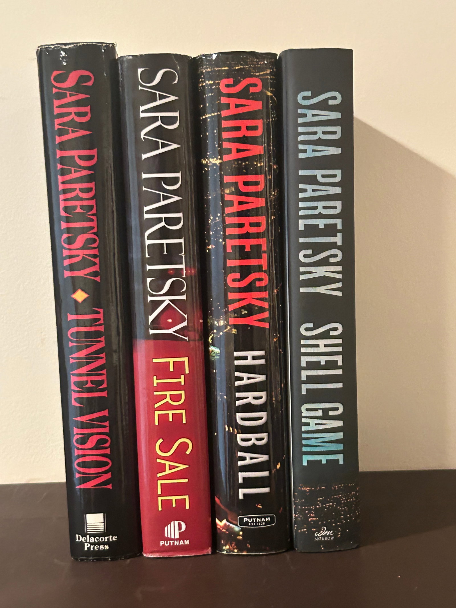 Sara Paretsky SIGNED First Editions: Tunnel Vision; Fire Sale; Harball; Shell Game SIGNED First Editions published by Delacorte Press & G. P. Putnam's Sons, New York, 1994, 2005, 2009, 2018. Dimensions: 12" x 10" x 8"
