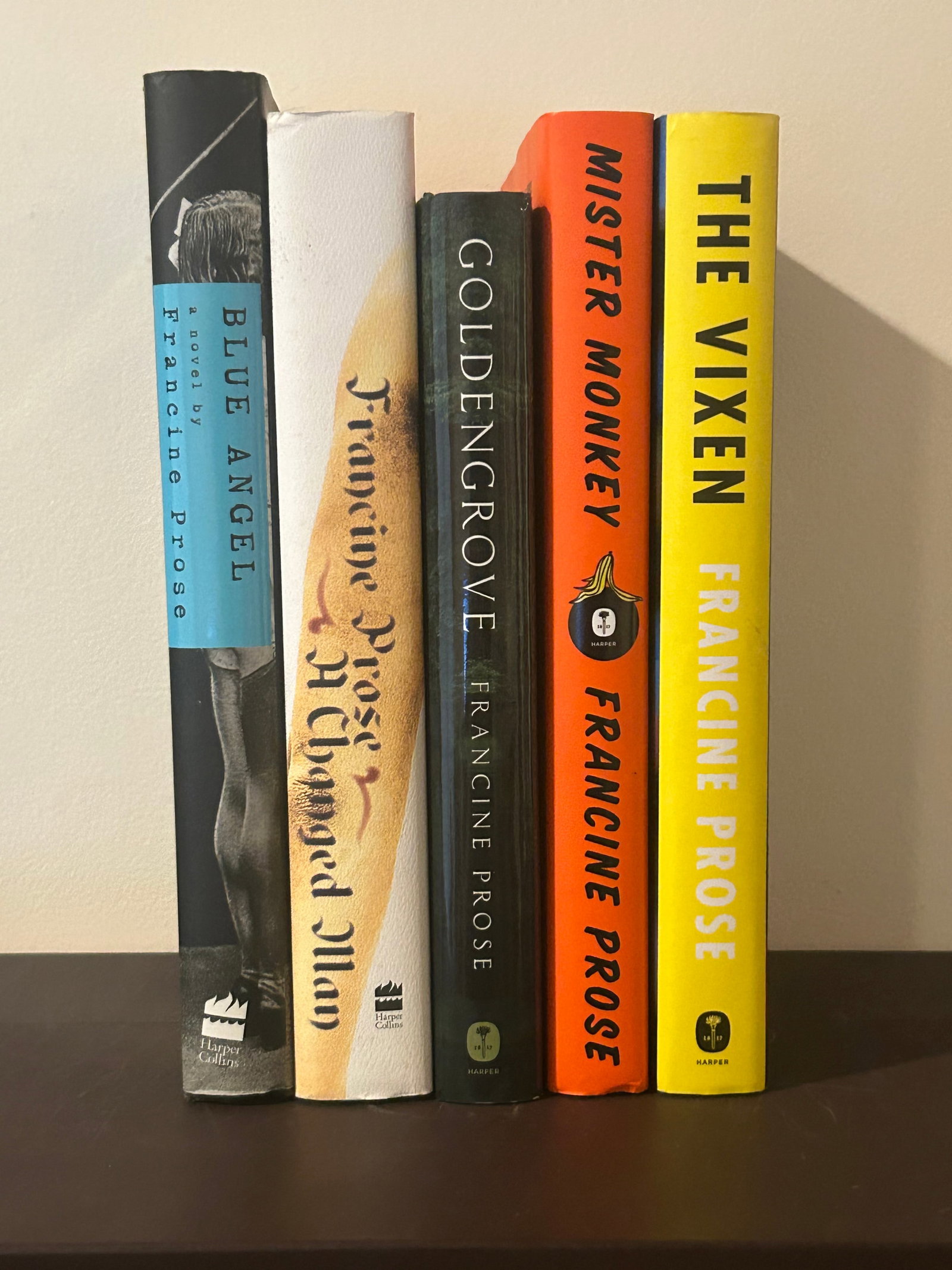 Francine Prose SIGNED First Editions: Blue Angel; A Changed Man; Goldengrove (remainder mark), Mister Monkey, The Vixen SIGNED First Editions published by Harper Collins, New York, 2000, 2005, 2008, 2016, 2021. Dimensions: 12" x 10" x 8"