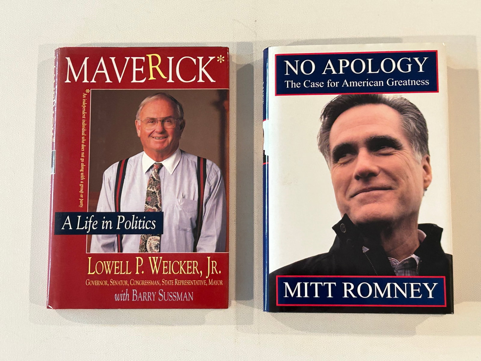 (Senators) No Apology by Mitt Romney & Maverick by Lowell P. Weicker SIGNED First Editions: No Apology by Mitt Romney SIGNED First Edition published by St. Martin's Press, New York, 2010. Maverick by Lowell P. Weicker, Jr. SIGNED & Inscribed First Edition published by Little Brown, Boston, 1
