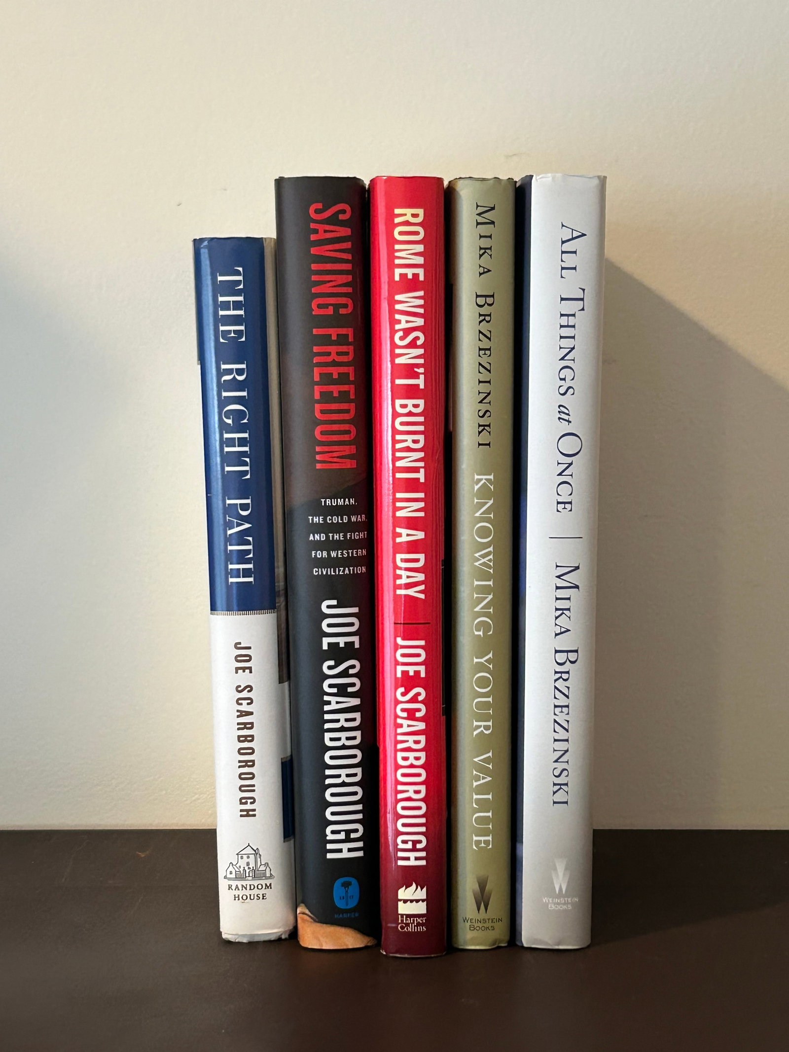Media & Politics: Joe Scarborough & Mika Brzezinski SIGNED Editions: The Right Path SIGNED & Inscribed First Edition by Scarborough & Mika Brzezinski; Saving Freedom SIGNED First Edition; Rome Wasn't Built In A Day SIGNED & Inscribed First Edition; Knowing Our Value SI