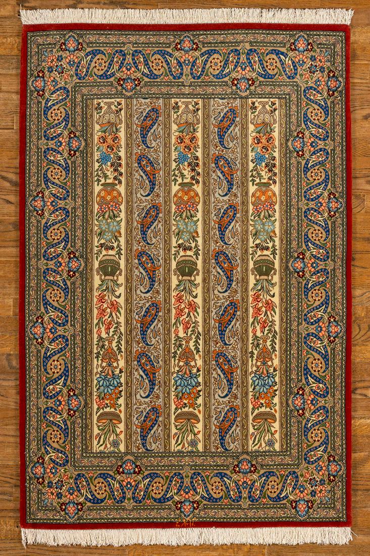 WOOL / SILK BLEND, QUM, IVORY/ TAUPE (Rectangle) Origin: IRAN - Hand-knotted  "RUG Signed" (1 of 6)