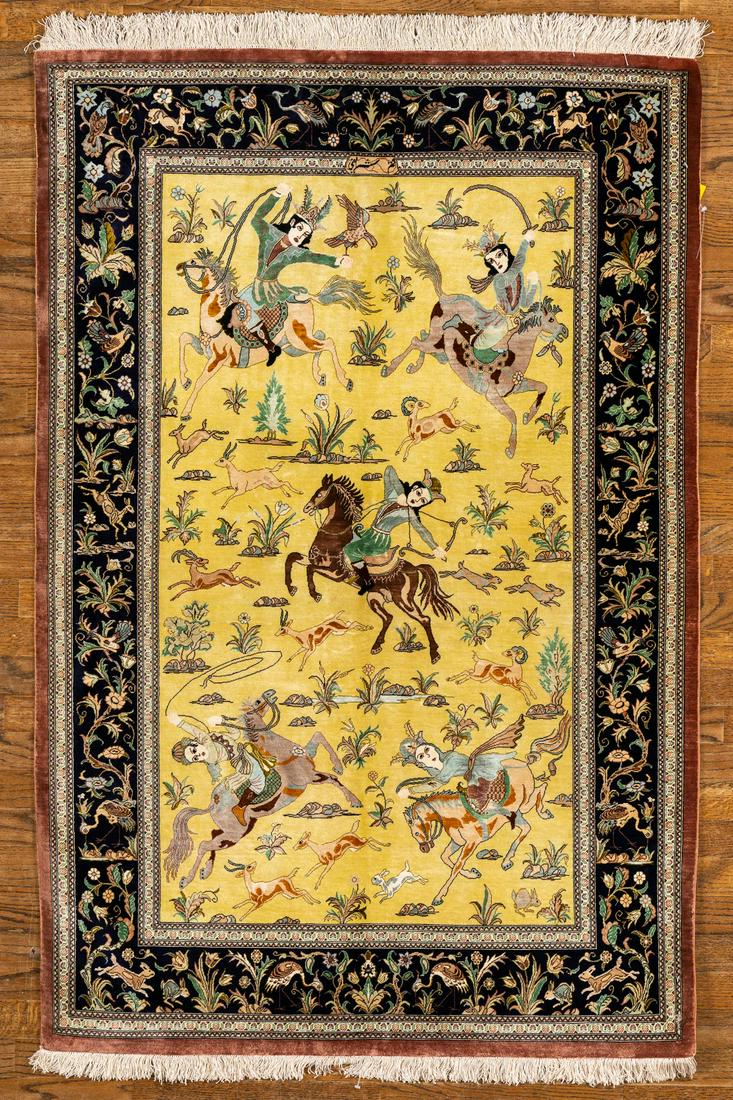 100% SILK, HUNTING SCENE, YELLOW/BLACK (Rectangle) Origin: IRAN - Hand-knotted "RUG Signed" (1 of 6)