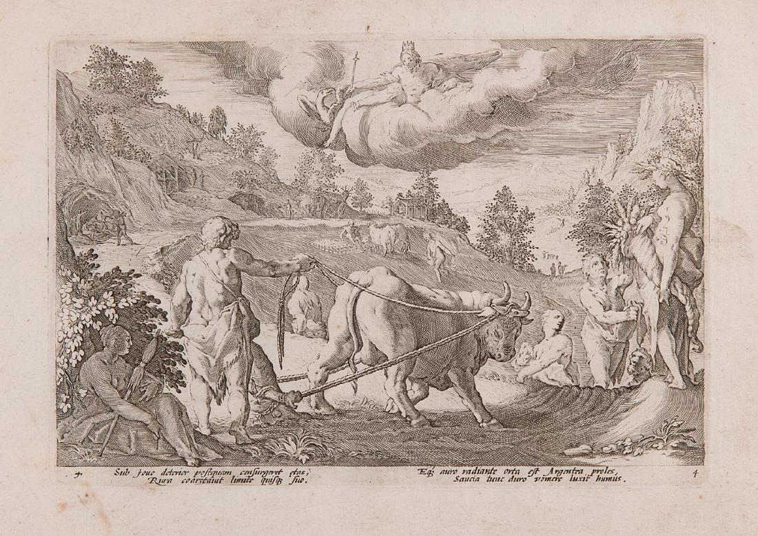 D'après Hendrik GOLTZIUS (Mühlbracht, 1558 - Haarlem, 1: D'après Hendrik GOLTZIUS (Mühlbracht, 1558 - Haarlem, 1617) - Suite incomplète tirée des «Métamorphoses» d'OVIDE. 50 gravures, en feuilles. 176 x 259 mm au TC. Chaque planche porte 4 lignes en 