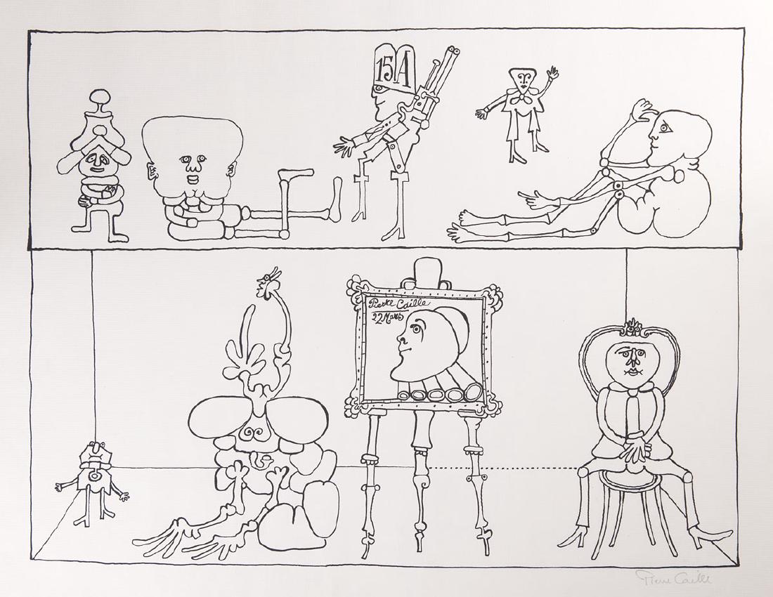 Pierre CAILLE (TOURNAI, 1911 - BRUXELLES, 1996) - [Pers: Pierre CAILLE (TOURNAI, 1911 - BRUXELLES, 1996) - [Personnages]. 4 sérigraphies tirées en noir, sur Ingres d'Arches. Signées au crayon en bas à droite. 50 x 65 cm. JOINT: - Marcel BROODTHAERS - Le