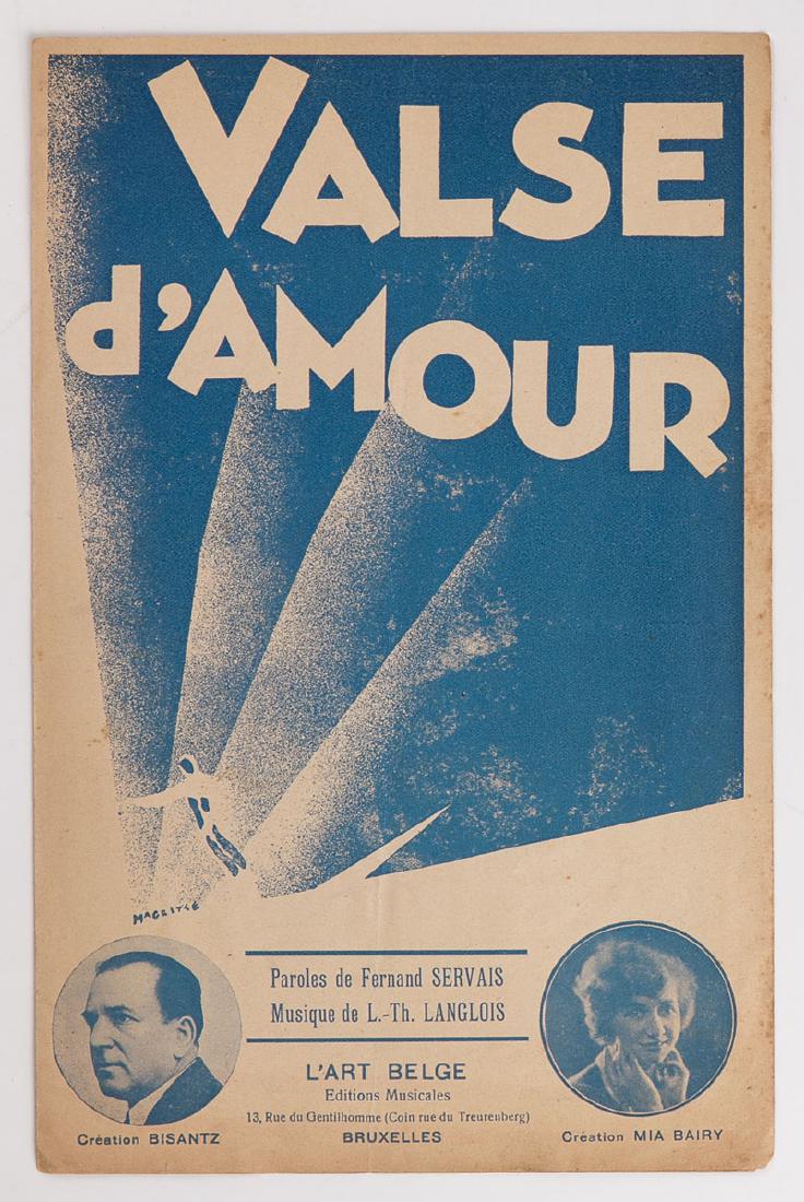 René MAGRITTE - Partition musicale : Valse d'amour. Par: René MAGRITTE - Partition musicale : Valse d'amour. Paroles de Fernand Servais. Musique de L.-Th. Langlois. Bruxelles, L'Art Belge, 1926. 270 x 175 mm. Zincographie tirée en bleu, signée «Magritte