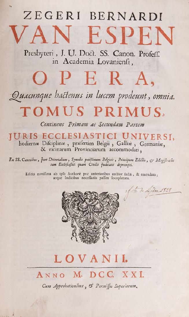 Zeger Bernard VAN ESPEN - Opera, quæcunque hactenus in: Zeger Bernard VAN ESPEN - Opera, quæcunque hactenus in lucem prodeunt, omnia.[...]. Lovanii, s.n., 1721. 2 volumes in-folio, plein veau brun, dos orné à six nerfs, pièces de titre et de tomaison (