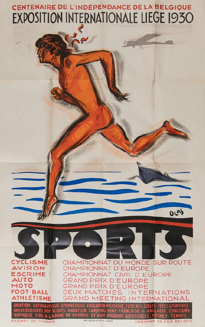 Jacques OCHS (NICE, 1893 - LIèGE, 1971) -: Jacques OCHS (NICE, 1893 - LIèGE, 1971) - Centenaire de l'Indépendance de la Belgique. Exposition internationale Liège 1930. Sports. 100 x 64 cm. Petite déchirure et manque au cent