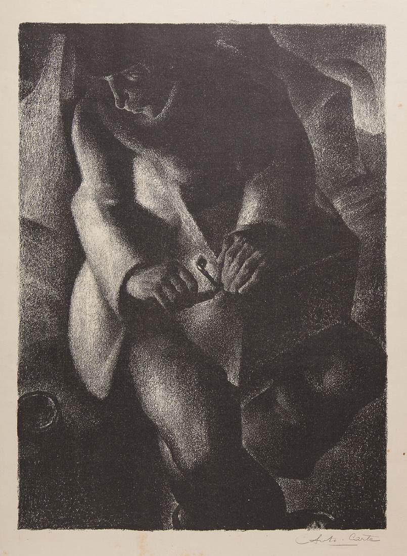 Antoine CARTE dit ANTO-CARTE (MONS, 1886 - BRUXELLES, 1: Antoine CARTE dit ANTO-CARTE (MONS, 1886 - BRUXELLES, 1954) - [Joueur d'orgue de rue]. Lithographie en noir tirée sur vergé antique de luxe. Signée au crayon dans la marge à droite