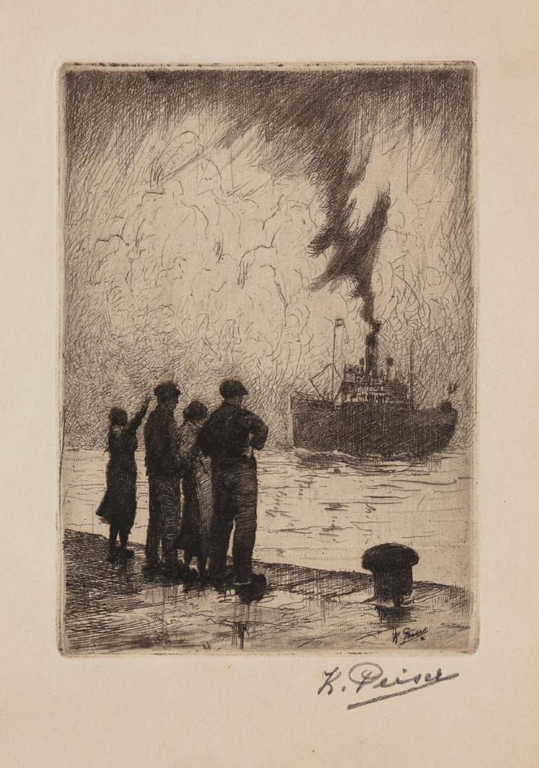 Kurt PEISER (Anvers, 1887 - Uccle, 1962) - [2 Femmes et: Kurt PEISER (Anvers, 1887 - Uccle, 1962) - [2 Femmes et 2 hommes sur un quai saluant le départ d'un bateau]. Eau-forte. 116 x 86 mm au TC. Signée en bas à droite dans la marge. Placée sous passe-p