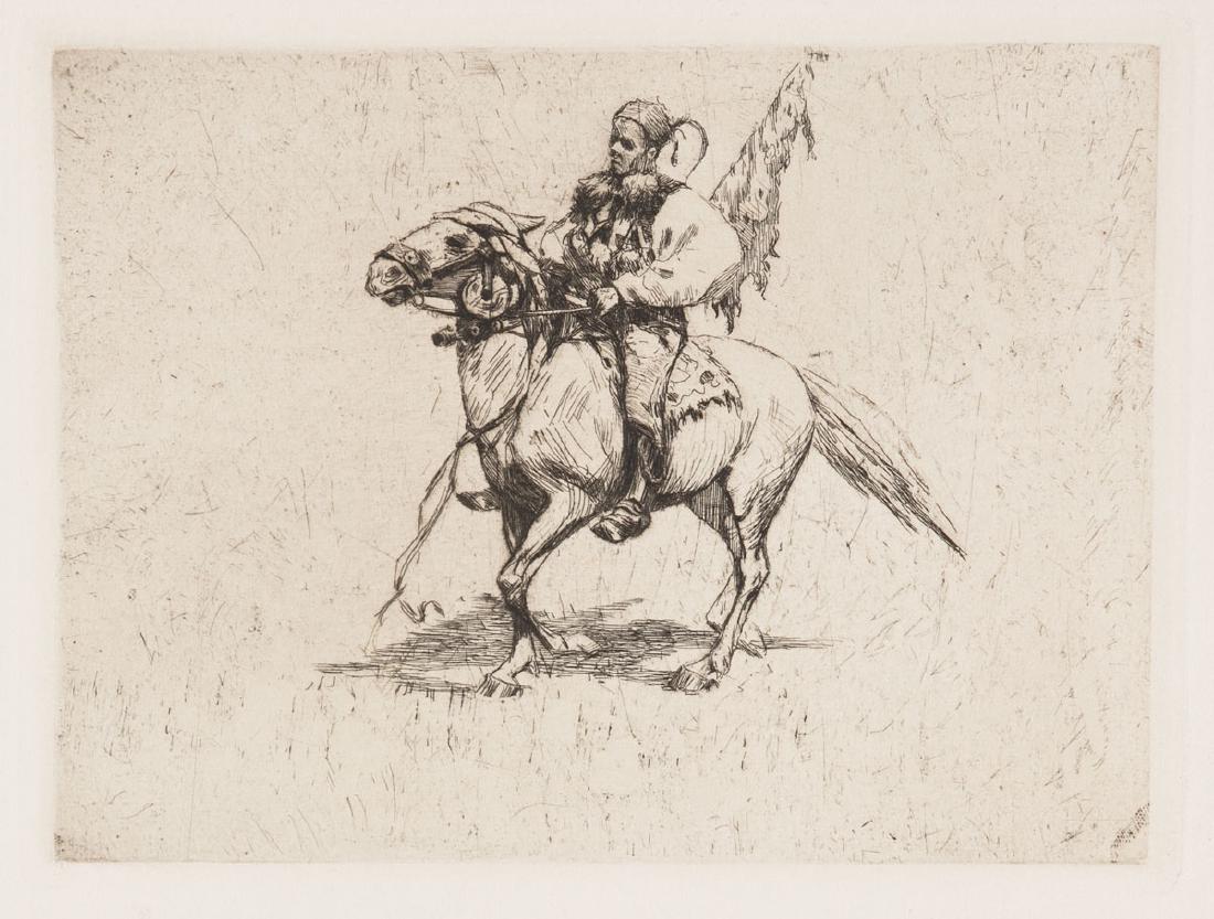 Joza UPRKA - Pfingstreiter. Originalradierung.: Joza UPRKA - Pfingstreiter. Originalradierung. Wien, Verlag der Gesellschaft für vervielfältigende Kunst, s.d. Eau-forte. 153 x 203 mm au TC. JOINTES: - Louis SPARRE - Winterliches Dorf am See. Orig