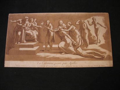 LE SUEUR, Nicolas (Paris, 1691 - Paris, 1764) d'ap: LE SUEUR, Nicolas (Paris, 1691 - Paris, 1764) d'après SANZIO, Raphaello dit RAPHAËL (Urbin, 1483 - Rome, 1520) - La Calomnie peinte par Apelles. Gravure réalisée d'après "le dessein de Raphaël