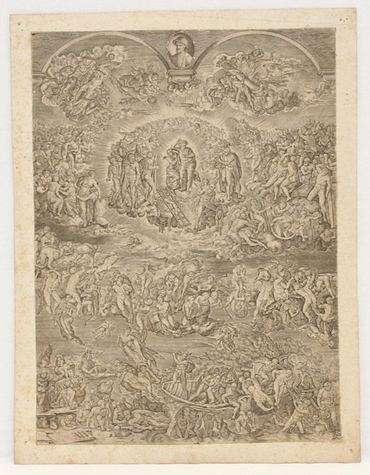 WIERIX (ANVERS, 1549 - VERS 1615) D'APRèS MARTINO : WIERIX (ANVERS, 1549 - VERS 1615) D'APRèS MARTINO ROTA (SEBENICO, 1520 - VIENNE, 1583), Johan - Le Jugement dernier. Gravure fixée sur papier fort. Portrait de Michel-Ange dans la clé de voûte. N