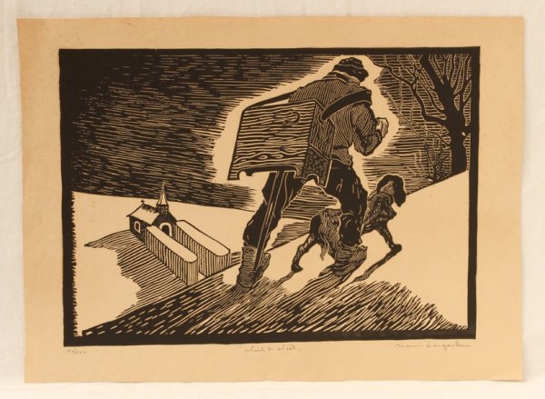 LANGASKENS (GAND, 1884 - SCHAERBEEK, 1976), Mauric: LANGASKENS (GAND, 1884 - SCHAERBEEK, 1976), Maurice - Nuit de Noël. Xylographie. Justifiée (80/500), titrée et signée au crayon dans la marge inférieure. 340 x 480 mm. Déchirure dans la marge su