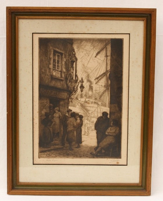 PEISER (ANVERS, 1887- UCCLE, 1962), Kurt - Ruelle: PEISER (ANVERS, 1887- UCCLE, 1962), Kurt - Ruelle au port d'Anvers. Eau-forte placée sous passe-partout et cadre en verre. Non désencadrée. Titrée et signée dans l'angle inférieur gauche. Titré