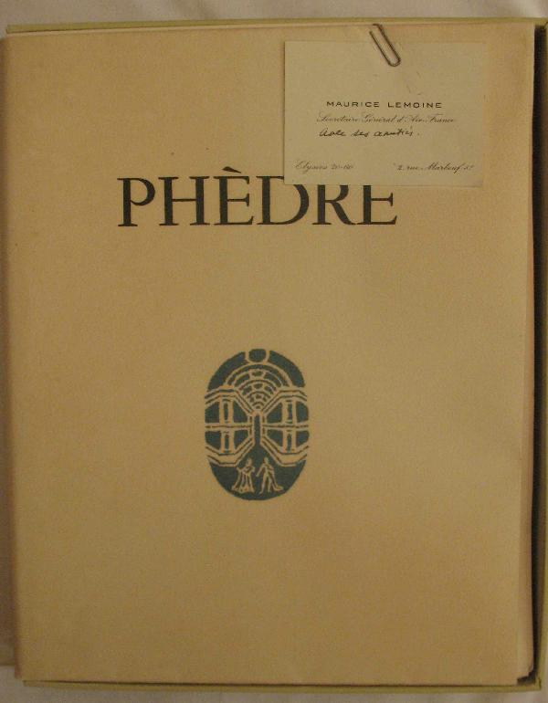 RACINE - Phèdre. Tragédie en cinq actes, ornée de: RACINE - Phèdre. Tragédie en cinq actes, ornée de lithographies de Jean HUGO Paris, Éditions Pierre Lafitte, 1946. In-4, en feuilles, couverture rempliée, sous étui cartonné. 17 lithographies e