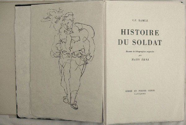 RAMUZ, C. F. - L'histoire du Soldat. Parlée, joué: RAMUZ, C. F. - L'histoire du Soldat. Parlée, jouée, dansée. Illustrée de lithographies originales par Hans ERNI. Paris, André et Pierre Gonin, 1960. In-4, en feuilles, sous couverture illustrée,